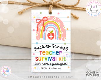 Teacher Survival Kit Gift Tag Printable, Back to School Gift for Teachers, Editable Template First Day of School, Digital Download