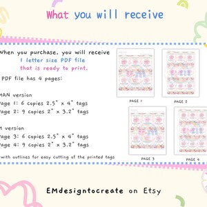 Puede incluir: Un archivo PDF digital con cuatro p&aacute;ginas de etiquetas, incluidas las versiones MUJER y MAM&Aacute;. Cada versi&oacute;n tiene etiquetas de 6,35 cm x 10,16 cm y 5,08 cm x 8,13 cm. El archivo est&aacute; listo para imprimir e incluye contornos para facilitar el corte. El texto dice "What you will receive".