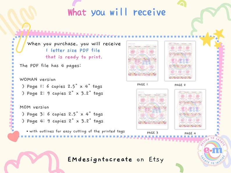 Puede incluir: Un archivo PDF digital con cuatro p&aacute;ginas de etiquetas, incluidas las versiones MUJER y MAM&Aacute;. Cada versi&oacute;n tiene etiquetas de 6,35 cm x 10,16 cm y 5,08 cm x 8,13 cm. El archivo est&aacute; listo para imprimir e incluye contornos para facilitar el corte. El texto dice "What you will receive".