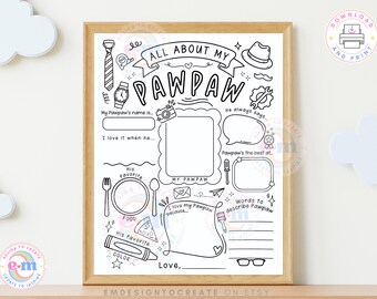 Puede incluir: Un cuestionario imprimible en blanco y negro "All About My Pawpaw", enmarcado en madera. El diseño incluye espacios para completar información sobre el nombre de Pawpaw, sus favoritos y más. Incluye una corbata, un reloj, un sombrero y otras ilustraciones.