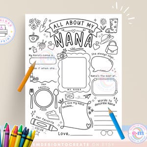 Puede incluir: Una hoja de actividades imprimible en blanco y negro "All About My Nana". La hoja incluye secciones para completar con el nombre de Nana, sus favoritos y m&aacute;s. La hoja est&aacute; decorada con ilustraciones dibujadas a mano y el texto "EMDESIGNTOCREATE ON ETSY".