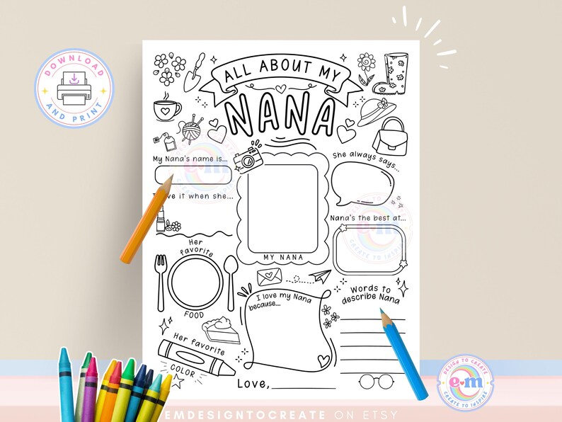 Puede incluir: Una hoja de actividades imprimible en blanco y negro "All About My Nana". La hoja incluye secciones para completar con el nombre de Nana, sus favoritos y m&aacute;s. La hoja est&aacute; decorada con ilustraciones dibujadas a mano y el texto "EMDESIGNTOCREATE ON ETSY".