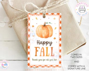Happy Fall Gift Tags, Printable Teacher and Staff Appreciation Tags, Fall Thank You Cookie Tag, Coworker Favor Tag, Instant Download PDF