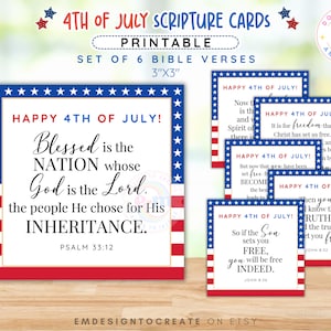 Cartões com versículos bíblicos para o 4 de julho, etiquetas para imprimir com as escrituras da igreja para o 4 de julho, cartões de mesa para o Dia da Independência Cristã, DOWNLOAD INSTANTÂNEO