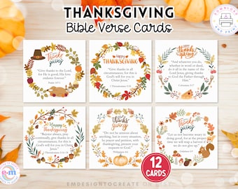 May include: Six square Thanksgiving Bible verse cards featuring autumn-themed wreaths with fall foliage, pumpkins, acorns, and turkeys. Each card displays "Happy Thanksgiving" text and a unique scripture passage in a clear, dark font on white.