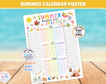 2026 Editable Summer Calendar Poster, Printable Summer Bucket List Checklist, Family Planner, Kids End of School Activity, Digital Download