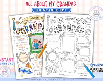 May include: Printable PDF "All About My Grandad" template. The design features a hand-drawn style with space to write the grandad's name, favorite things, and a place for a photo. Includes a tie, watch, and other doodles.