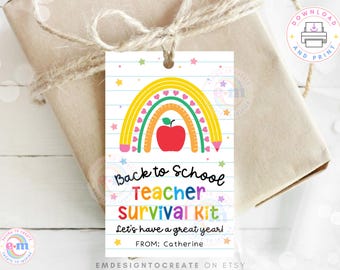 Back to School Teacher Survival Kit Gift Tag Printable, First Day of School Favors, Welcome Back Teacher Gift Tags Editable Template Digital