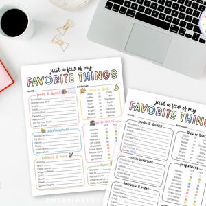 May include: Two printable "Just a Few of My Favorite Things" worksheets with colorful text and fill-in sections for personal preferences. A laptop, coffee cup, and stationery are on the white desk.