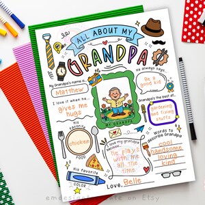 May include: A colorful, hand-drawn printable featuring the words "ALL ABOUT MY GRANDPA" with illustrations of a hat, watch, and tools. The page includes fill-in-the-blank sections for the grandpa's name, favorite things, and words to describe him. Pens and decorative paper surround the page.