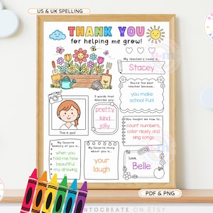 Puede incluir: Un regalo de agradecimiento para profesores, imprimible y enmarcado, con un diseño floral y el texto "THANK YOU for helping me grow!". El diseño incluye espacio para personalización y crayones.