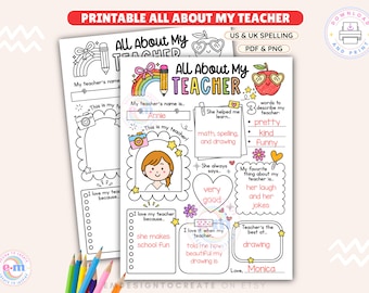 Teacher Appreciation Week Gift, Printable All About My Teacher Coloring Page, Kids Thank You Teacher, End of School Year Gift