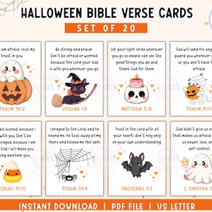 May include: Set of 20 Halloween Bible verse cards. Each card features a cute cartoon illustration with a Bible verse. The cards have a white background with orange and black accents. The text "INSTANT DOWNLOAD | PDF FILE | US LETTER" is at the bottom.