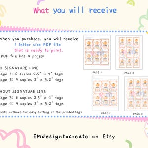 May include: A digital download product with a fall theme. The image shows a PDF file with four pages of printable tags. The tags feature pumpkin illustrations and the text "Happy Fall". The file includes tags with and without signature lines.