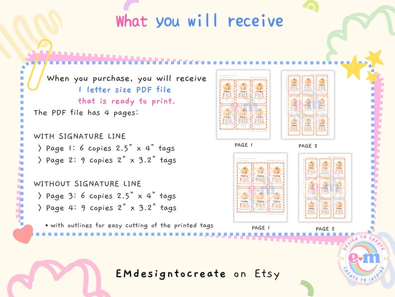 May include: A digital download product with a fall theme. The image shows a PDF file with four pages of printable tags. The tags feature pumpkin illustrations and the text "Happy Fall". The file includes tags with and without signature lines.