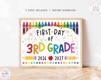 Schild für den ersten Schultag der 3. Klasse, druckbares Schild für den ersten Schultag, Foto-Requisite für den Schulanfang, Schild für das Klassenzimmer der 3. Klasse im Jahr 2026, Kinder, Lehrer