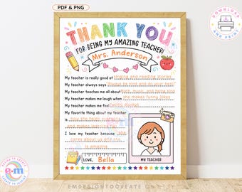 Woche des Lehrers Wertschätzung Geschenk zum Ausdrucken, Kinder Alles über meinen Lehrer Fragebogen, Danke, dass Sie Lehrer Ausfüllen Seite, Geschenk zum Schuljahrende