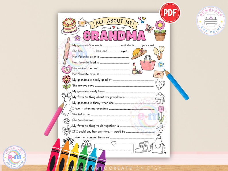 Allt om min mormor utskrivbar, aktivitet för barn med mors dag, frågeformulär för mormor att fylla i målarbild, present till mormor som minne (PDF) bild 4