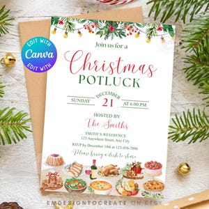 May include: A Christmas Potluck invitation with watercolour illustrations. The invitation features text that reads "Join us for a Christmas Potluck" and includes the date, time, and host's information. The design includes images of various dishes.
