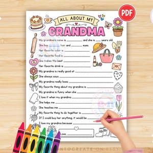 Allt om min mormor utskrivbar, aktivitet för barn med mors dag, frågeformulär för mormor att fylla i målarbild, present till mormor som minne (PDF) bild 3