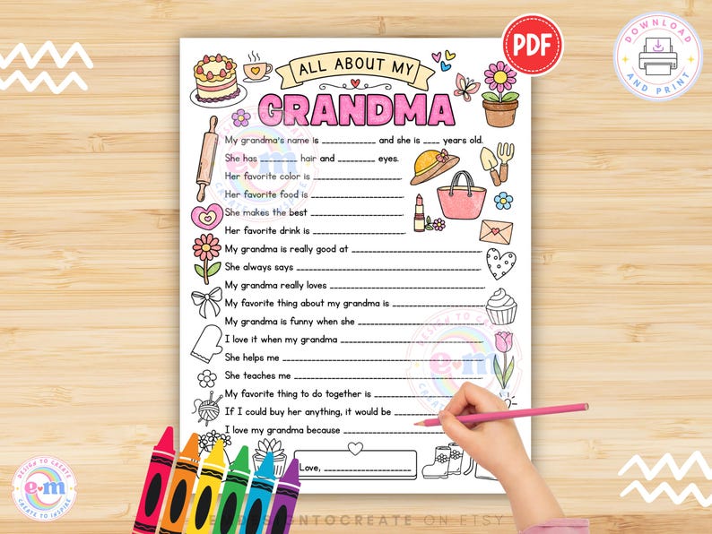 Allt om min mormor utskrivbar, aktivitet för barn med mors dag, frågeformulär för mormor att fylla i målarbild, present till mormor som minne (PDF) bild 3