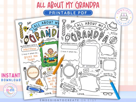 PRINTABLE All About My Grandpa, Fathers Day Activity for Kids, Grandpa Fill in the Blank, Grandpa Questionnaire, Gift for Grandpa from Kids