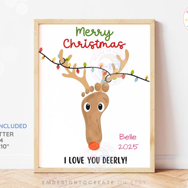 Reindeer Christmas Footprint Art, I Love You Deerly Printable Christmas Reindeer Footprint Craft for Kids Baby Toddler, DIY Keepsake Gift