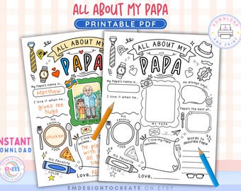 All About My Papa PRINTABLE, Father's Day Activity for Kids, Papa Questionnaire, Papa Fill in the Blank, Gift for Papa from Grandkids Kids
