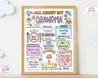IMPRIMIBLE Todo sobre mi abuela, Actividad del Día de la Madre para niños, Cuestionario de la abuela, Página para colorear para niños, Regalo del Día de los Abuelos para la abuela