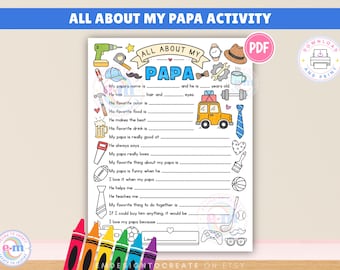 All About My Papa Coloring Page, Printable Kids Father's Day Activity, Papa Questionnaire Fill In The Blank, Gift for Papa (PDF)