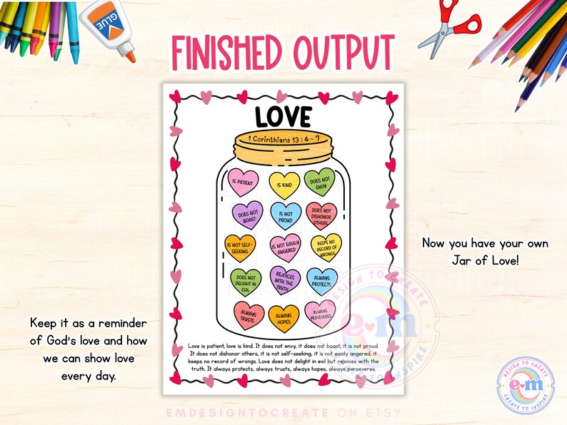 May include: A printable Jar of Love design featuring the word "LOVE" and a Bible verse reference. The jar is filled with colourful heart-shaped notes with positive affirmations. The design is framed by a pink heart border.