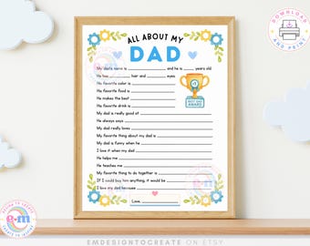 All About My Dad Printable for Kids, Father's Day Questionnaire, Dad Interview Fill In The Blank Activity, Gift for Dad, Classroom Worksheet