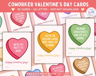 Funny Coworker Valentines Printable, Office Heart Valentine Cards, Workplace Valentine Cards, For Boss Colleagues Employees, Set of 30 Cards