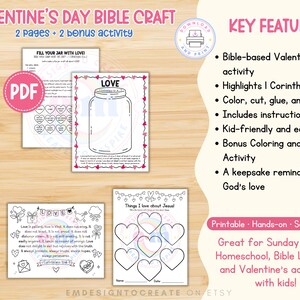 May include: Printable Valentine's Day Bible craft with two pages and two bonus activities. Includes colouring pages with a jar and hearts, plus text from 1 Corinthians 13:4-7. Ideal for Sunday school and homeschool activities.