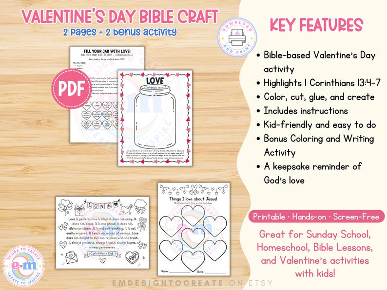 May include: Printable Valentine's Day Bible craft with two pages and two bonus activities. Includes colouring pages with a jar and hearts, plus text from 1 Corinthians 13:4-7. Ideal for Sunday school and homeschool activities.