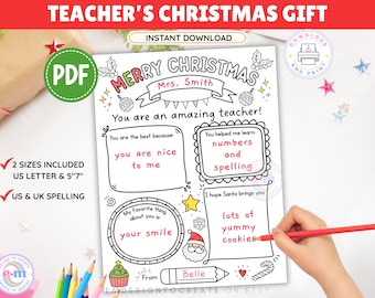 May include: A printable Christmas gift for a teacher, featuring the text "Merry Christmas" and spaces to write personalized messages. Includes a PDF download with US Letter and 5"x7" sizes, and US & UK spelling.