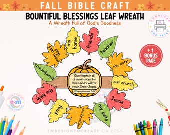 Fall Bible Craft for Kids, PRINTABLE Fall Leaf Wreath Craft, Christian Sunday School Bible Lesson Activity, Autumn Thanksgiving Craft (PDF)