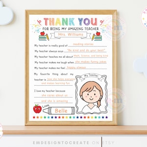 Settimana di apprezzamento degli insegnanti stampabile per bambini, Tutto sul mio insegnante stampabile, Grazie insegnante, Completa gli spazi vuoti, Regalo per la scuola degli insegnanti