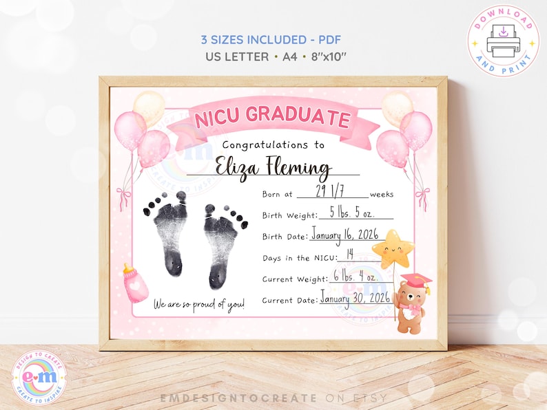 Nicu Grad Sign NICU Graduate Sign Keepsake Printable, NICU Baby Girl Footprint Craft ...