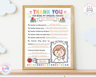 Teacher Appreciation Week Printable for Kids, All about My Teacher Printable, Thank You Teacher Fill In The Blank, Gift for Teacher School