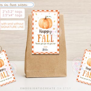 May include: Gift tags featuring a watercolour pumpkin design and the words "Happy Fall." The tags have an orange and white gingham border. Available in two sizes: 5.08cm x 8.13cm and 6.35cm x 10.16cm.