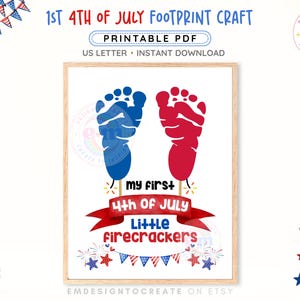 First 4th of July Footprint Craft, PRINTABLE Baby 1st Fourth of July Handprint Art, Little Firecrackers Patriotic Keepsake, Toddler Activity