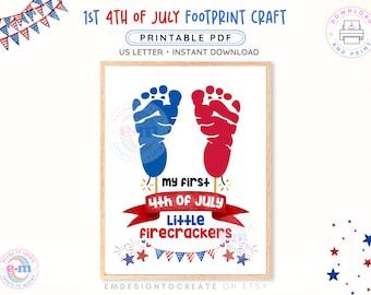 First 4th of July Footprint Craft, PRINTABLE Baby 1st Fourth of July Handprint Art, Little Firecrackers Patriotic Keepsake, Toddler Activity
