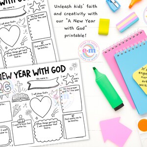 May include: Black and white printable activity sheets titled "A New Year with God" with spaces for writing and drawing. The image includes a green marker, notebooks, and art supplies, promoting artistic and writing skills.