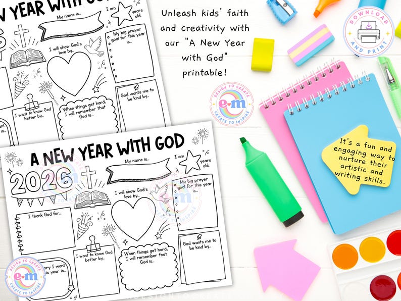 May include: Black and white printable activity sheets titled "A New Year with God" with spaces for writing and drawing. The image includes a green marker, notebooks, and art supplies, promoting artistic and writing skills.