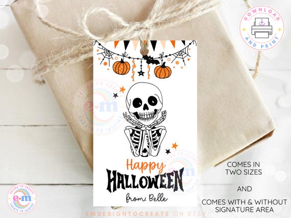 PRINTABLE Funny Happy Halloween Gift Tag, Smiling Skeleton Treat Bag Tag, Halloween Favor Tag for Employees, Coworkers, Friends, Classmates