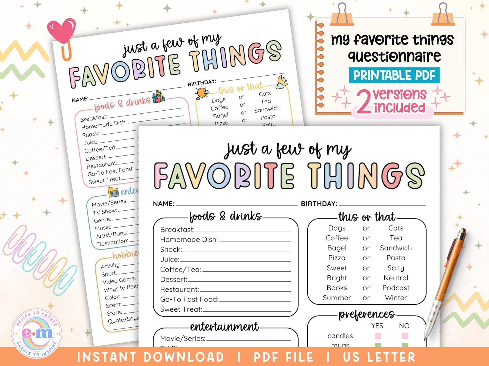 My Favorite Things Survey Questionnaire, PRINTABLE Employee Favorites ...