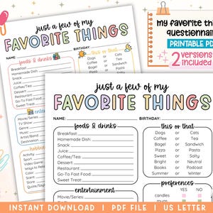 My Favorite Things Survey Questionnaire, PRINTABLE Employee Favorites List, Coworker All About Me Staff Appreciation, Work Gift Exchange PDF
