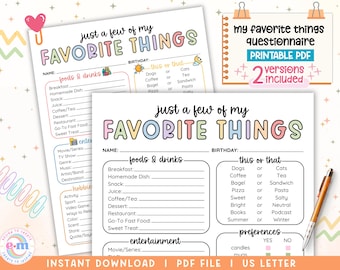 My Favorite Things Fragebogen, bedruckbare Favoritenliste für Mitarbeiter, Coworker Alles über mich Wertschätzung der Mitarbeiter, Arbeitsgeschenkbörse PDF