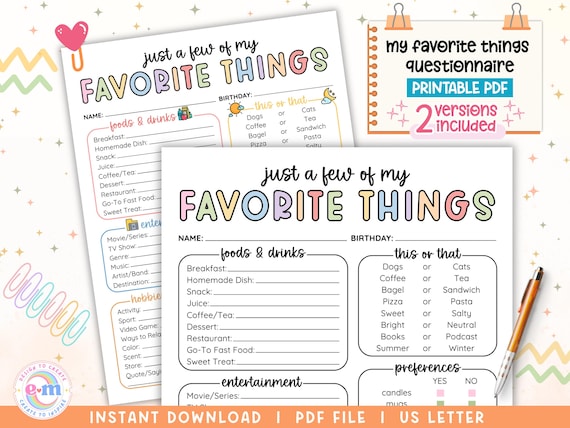 My Favorite Things Survey Questionnaire, PRINTABLE Employee Favorites List, Coworker All About Me Staff Appreciation, Work Gift Exchange PDF